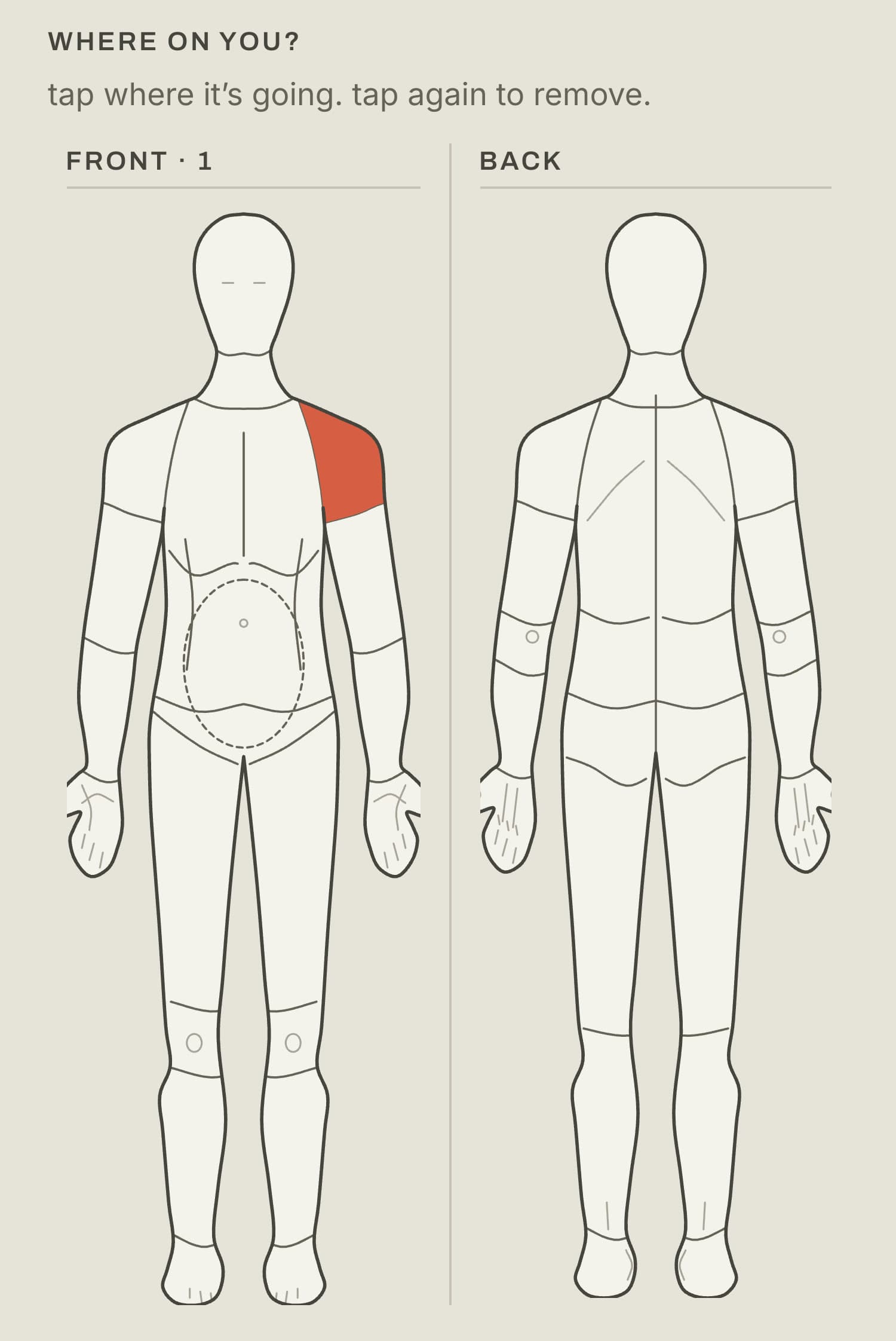 the enquiry form's body map: front and back figures, one region picked and filled