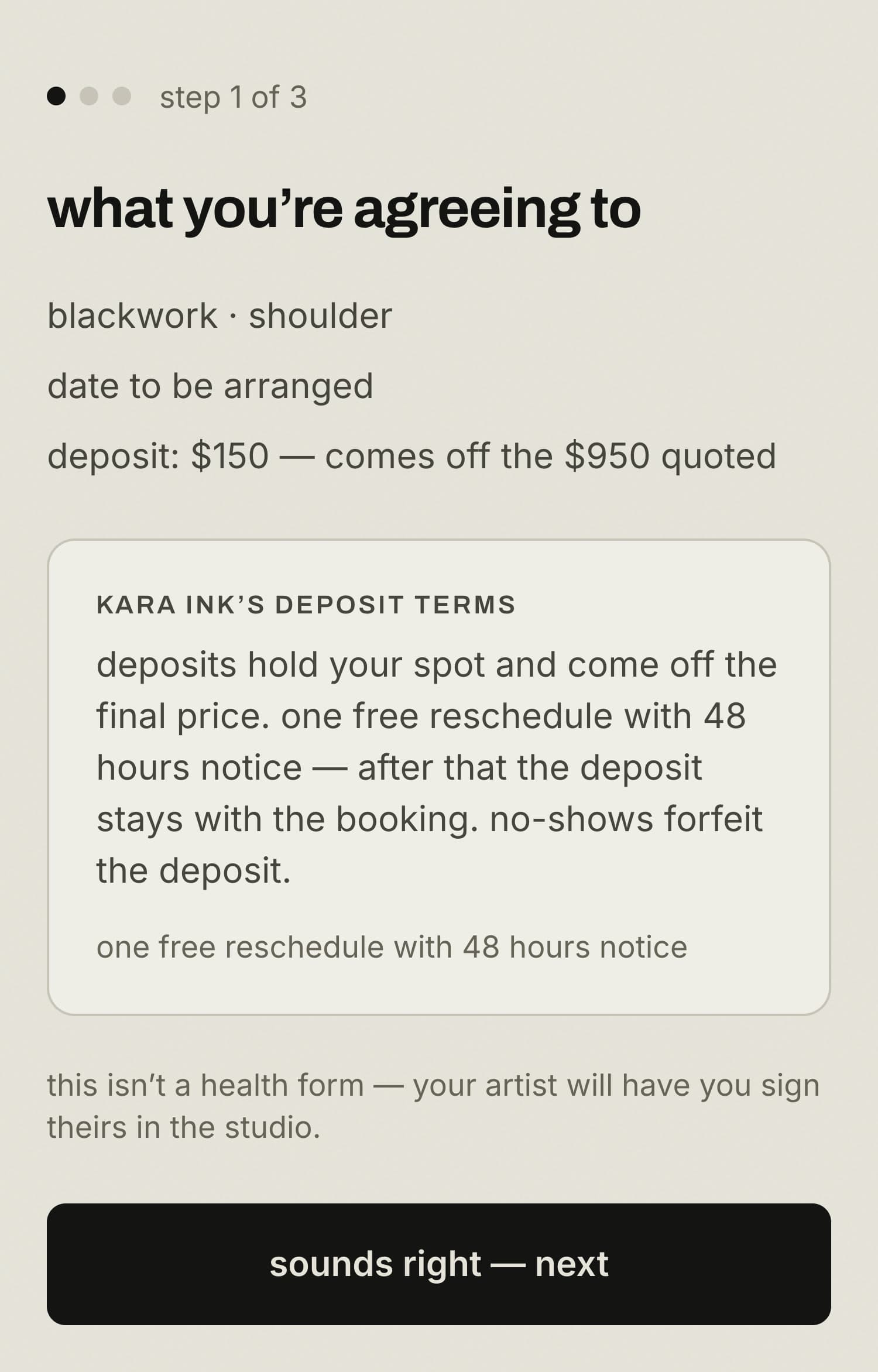 the deposit page a client sees: what they're agreeing to, the artist's own deposit terms, and a next button