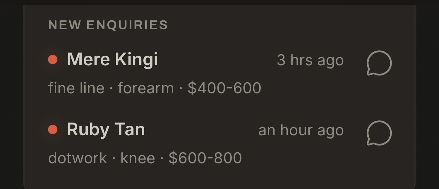 two new enquiries on the today screen, each with style, placement and budget under the name